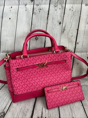 Michael Kors Reed Pink MK Signature Satchel with Matching Wallet